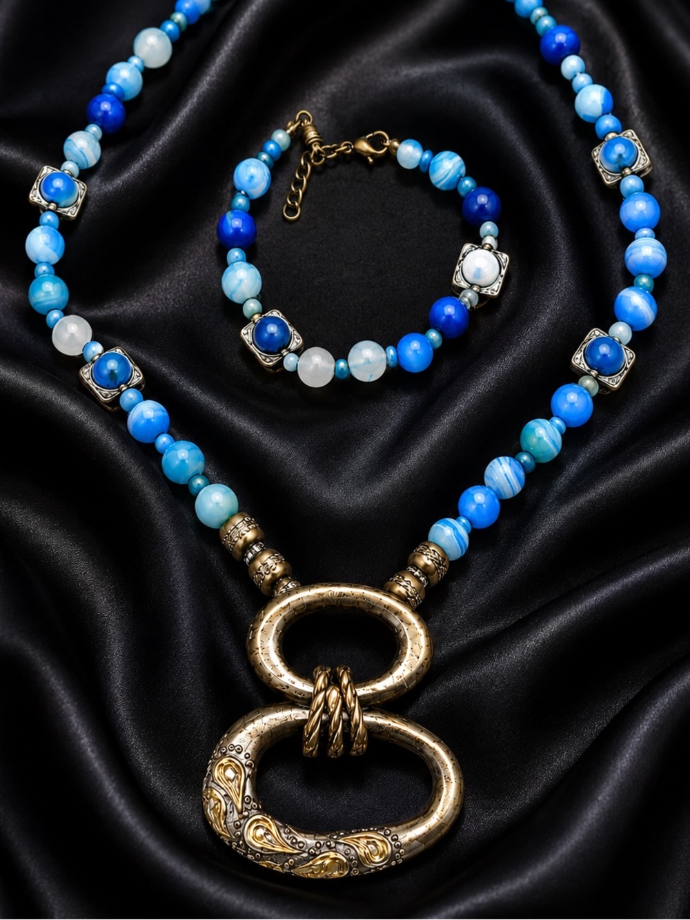Blue Dyed Agate Necklace & Bracelet with Designer Pendant NWT
